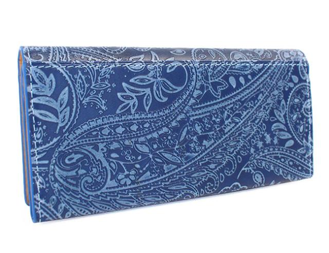 バギーポート 藍染め ペイズリー型押し かぶせ長財布 zys190