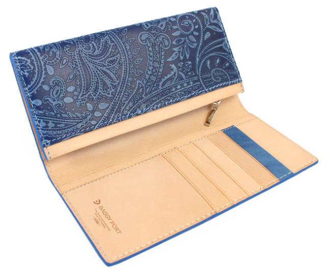 バギーポート 藍染め ペイズリー型押し かぶせ長財布 zys190