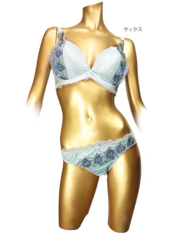 大きいサイズ】脇高フラワーレースブラジャー&ショーツセット下着(7226