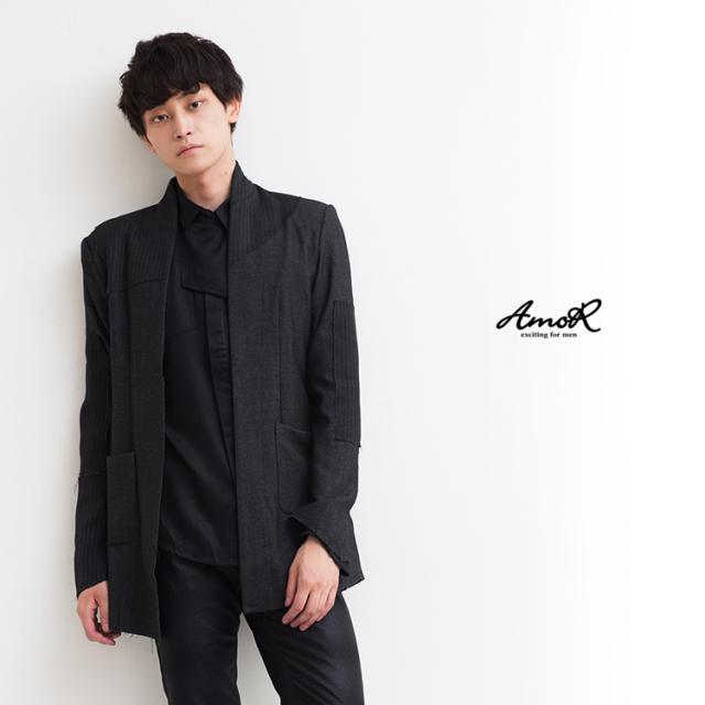 満点の ジャケット メンズ 艶黒 Amor モード系 ブラック アウター 黒 無地 異素材切り替え テーラードジャケット