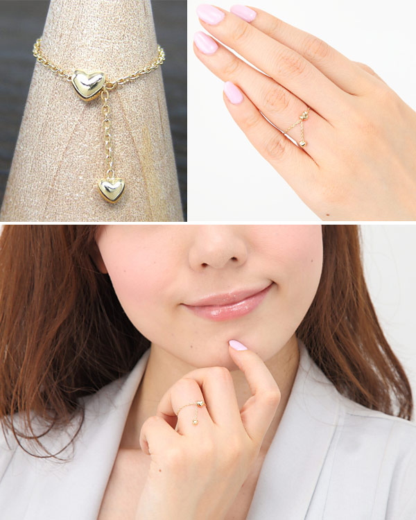 ダブルハート フリーサイズ チェーン リング