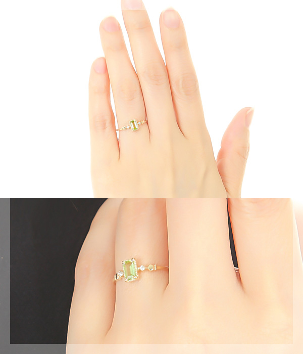 ペリドットリングダイヤモンドバゲットカットK10YG/PG/WG