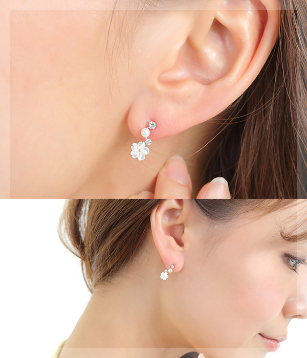 ホワイトシェル フラワー ピアス 淡水パール キュービック K10WG