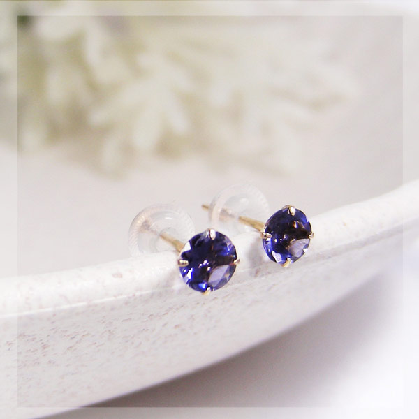 アイオライト ピアス 4mm K10YG 10金 10k イエロー ゴールド