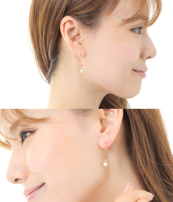 アコヤ真珠 ルビー ダイヤモンド フックピアス K18YG