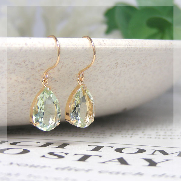 グリーンアメジスト ドロップ フックピアス K10YG 10k 10金 イエローゴールド 雫 ペアシェイプ