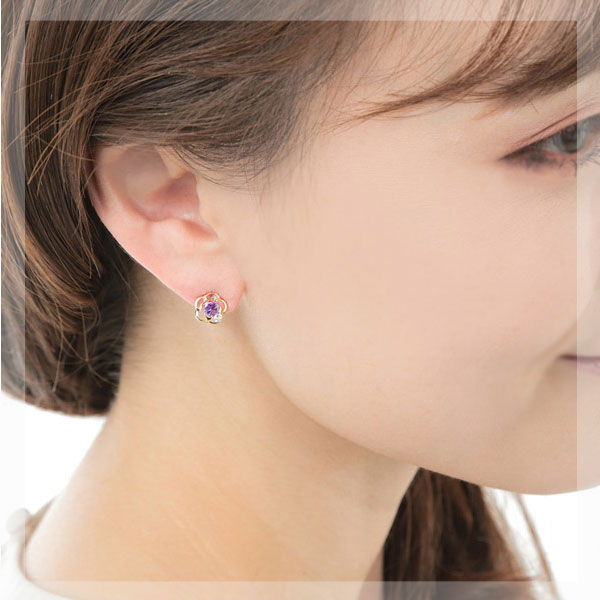 アメジストブルームーンストーンピアスK10PGピンクゴールドカメリア