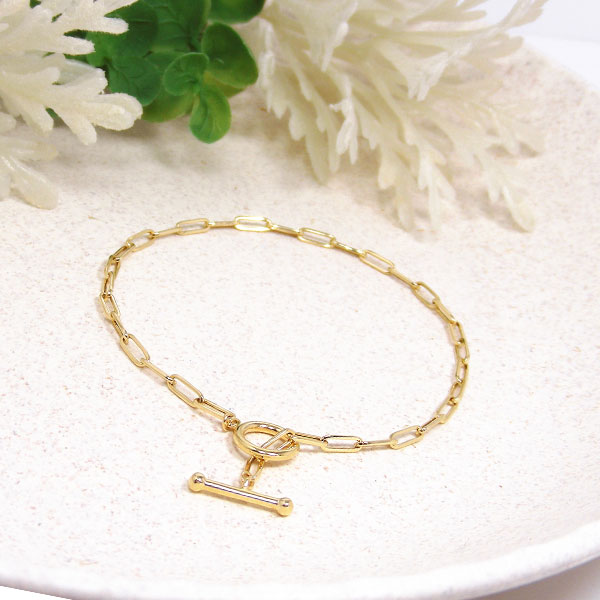 【日本製】 18金 K18 18k イエロー ゴールド ペーパークリップ チェーン ブレスレット Tバー 鎖 幅2.2mm 18cm デザインチェーン