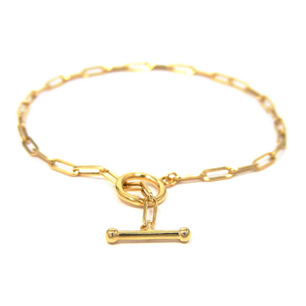 【日本製】 18金 K18 18k イエロー ゴールド ペーパークリップ チェーン ブレスレット Tバー 鎖 幅2.2mm 18cm デザインチェーン