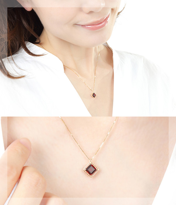 ガーネット ネックレス K10YG 6mmスクエア 大粒