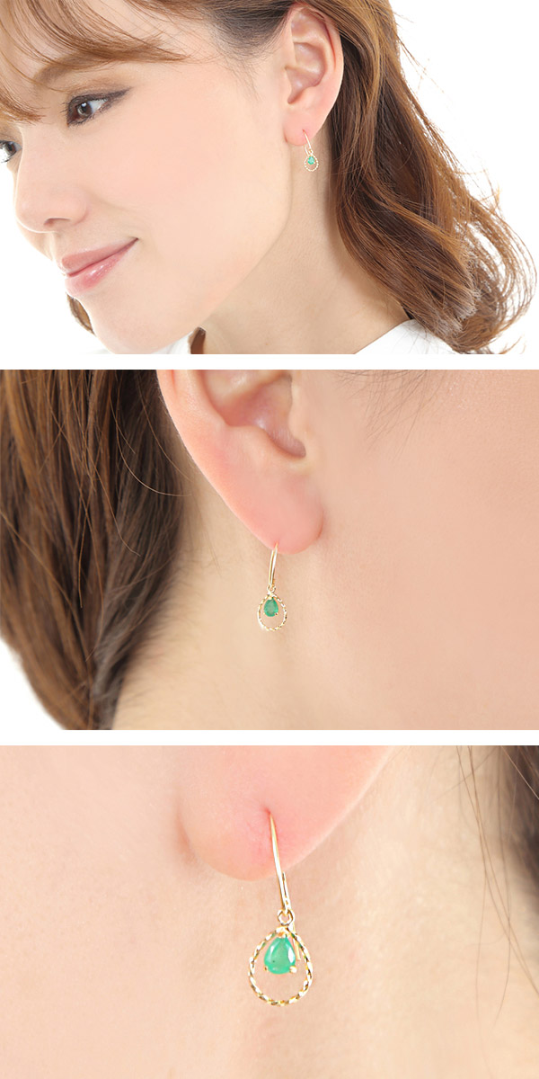 エメラルド フックピアス K18YG ドロップ