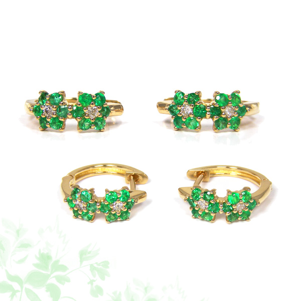 エメラルド ダイヤモンド ピアス 中折れ フープ スナップ 18金 18k K18YG イエローゴールド