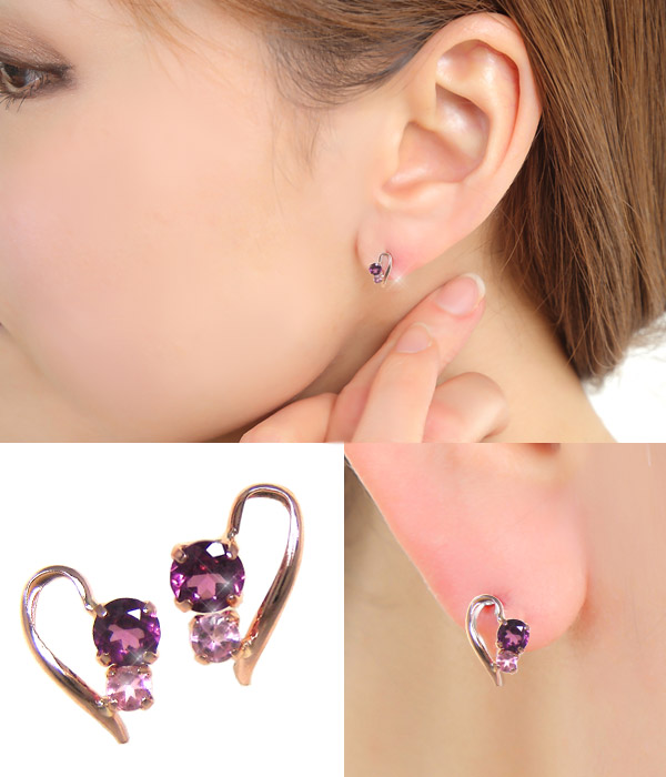 ハートピアスロードライトガーネットピンクトルマリンK10PG