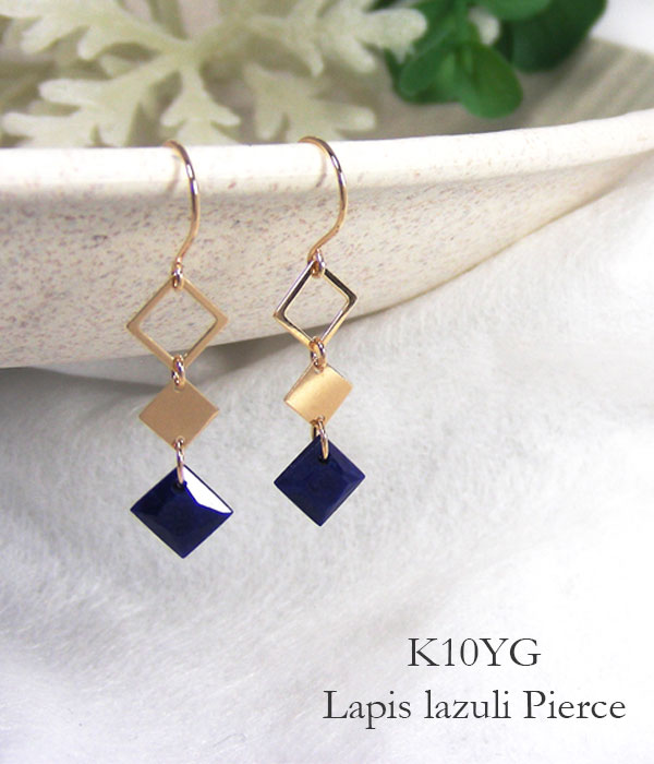 ラピスラズリ フックピアス ダブルフェイス K10YG 10金 10k イエローゴールド
