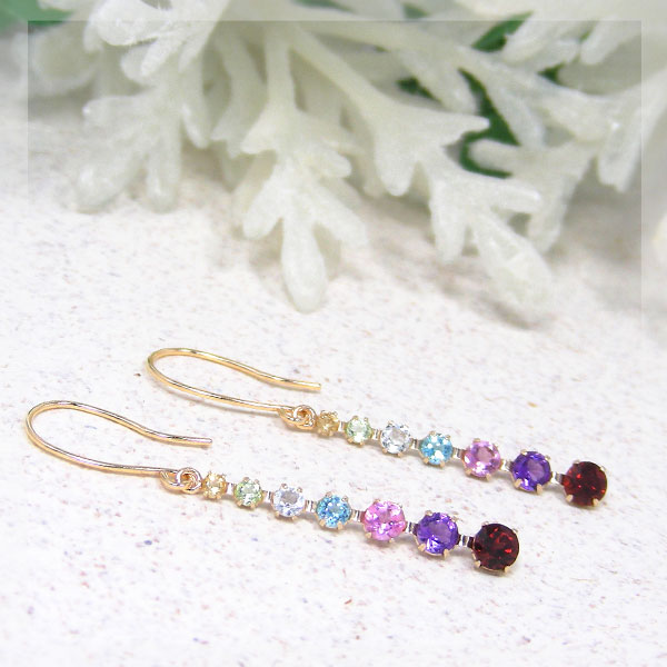 マルチカラー フック ピアス K10YG シトリン ペリドット アクアマリン ブルートパーズ ピンクトルマリン アメジスト ガーネット 10金 10k イエロー ゴールド 揺れるピアス
