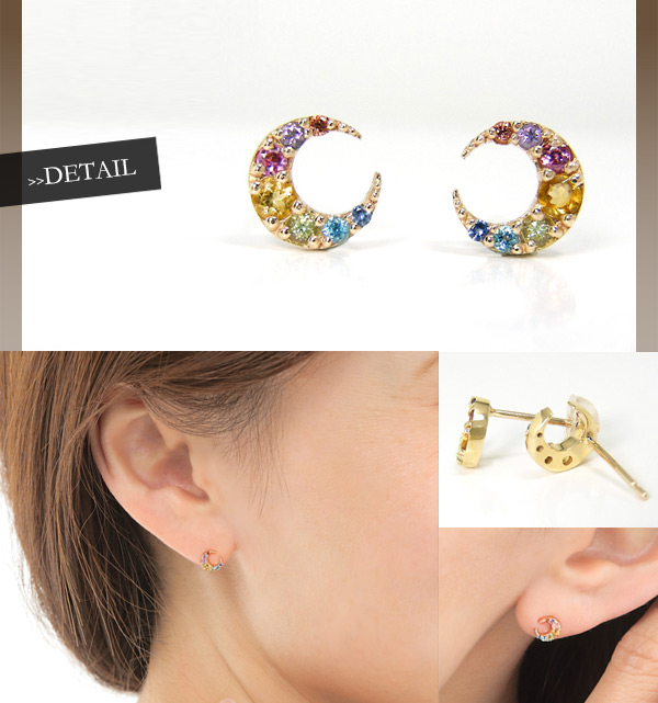 K10YG・マルチストーン・三日月モチーフ・ピアス