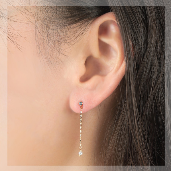 ロンドンブルートパーズ 淡水パール チェーン ピアス K10YG 10k 10金 イエローゴールド