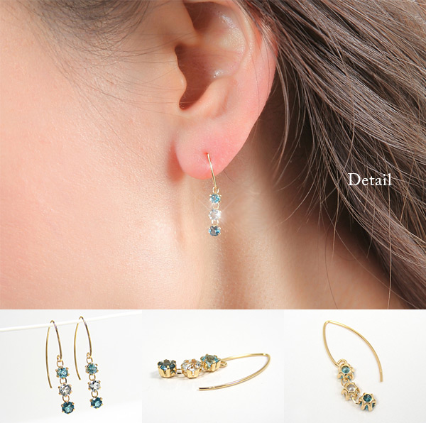 K18YG ブルートパーズ×アクアマリン×ロンドンブルートパーズ フックピアス ジプシーピアス