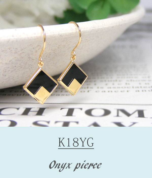 オニキスフックピアスK10YGイエローゴールド