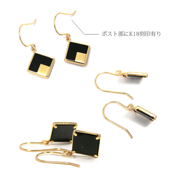 オニキスフックピアスK10YGイエローゴールド