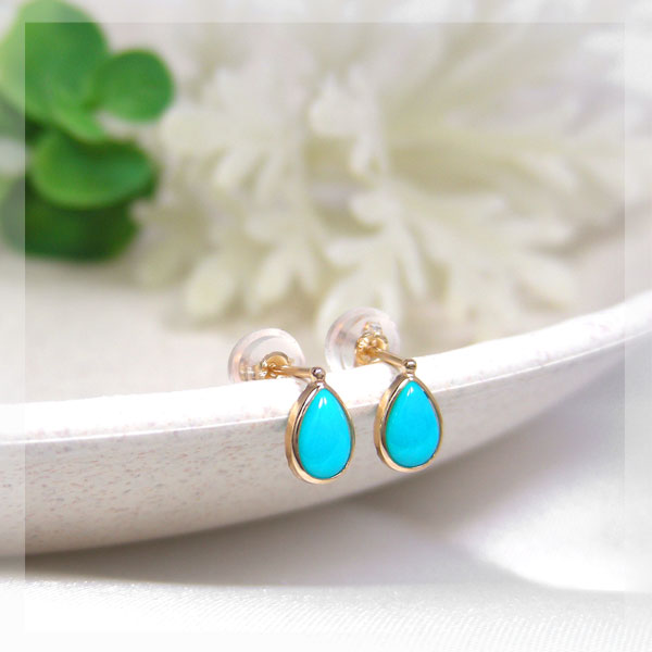 トルコ石 ターコイズ ピアス ドロップ 10k K10YG 10金 イエローゴールド 雫 シンプル 6x4mm カボション