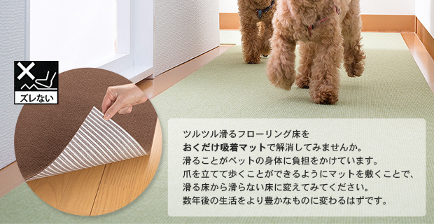 ツルツル滑るフローリング床をおくだけ吸着マットで解消してみませんか。滑ることがペットの身体に負担をかけています。爪を立てて歩くことができるようにマットを敷くことで、滑る床から滑らない床に変えてみてください。数年後の生活をより豊かなものに変わるはずです。