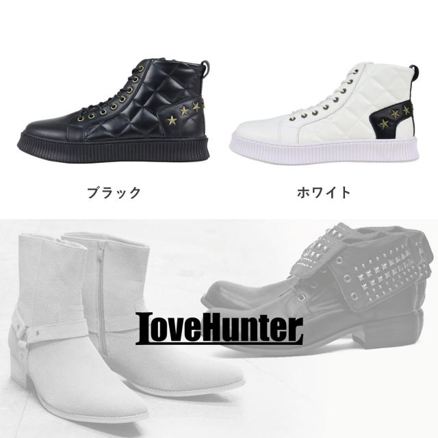 スニーカー メンズ ハイカット レースアップ サイドジップ 3E 履きやすい 歩きやすい 合成皮革 PUレザー カジュアル おしゃれ デザイン 星 スター 3cmヒール No.1889 25.0cm〜28.0cm 黒 ブラック 白 ホワイト LOVEHUNTER ラブハンター