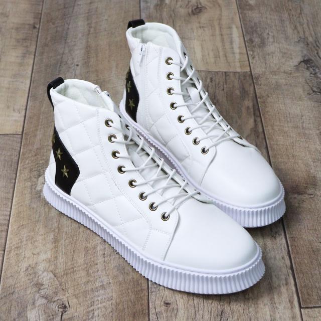 スニーカー メンズ ハイカット レースアップ サイドジップ 3E 履きやすい 歩きやすい 合成皮革 PUレザー カジュアル おしゃれ デザイン 星 スター 3cmヒール No.1889 25.0cm〜28.0cm 黒 ブラック 白 ホワイト LOVEHUNTER ラブハンター