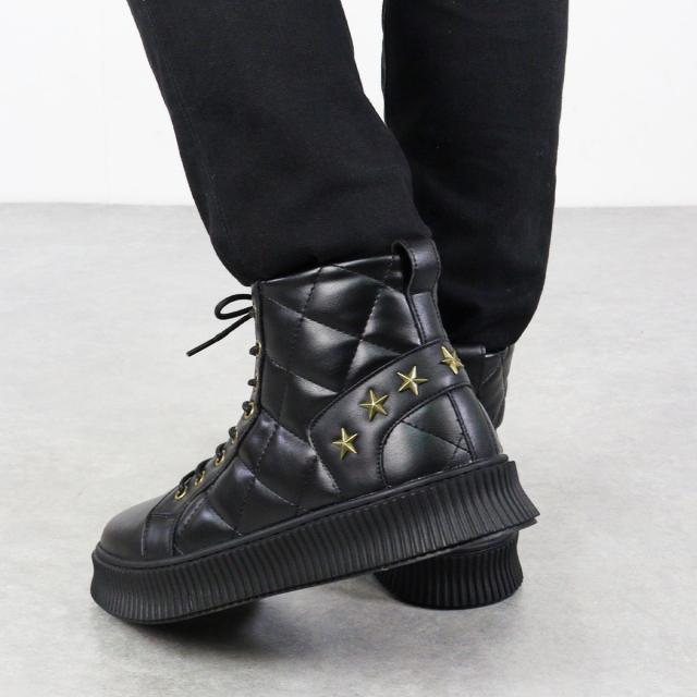 スニーカー メンズ ハイカット レースアップ サイドジップ 3E 履きやすい 歩きやすい 合成皮革 PUレザー カジュアル おしゃれ デザイン 星 スター 3cmヒール No.1889 25.0cm〜28.0cm 黒 ブラック 白 ホワイト LOVEHUNTER ラブハンター