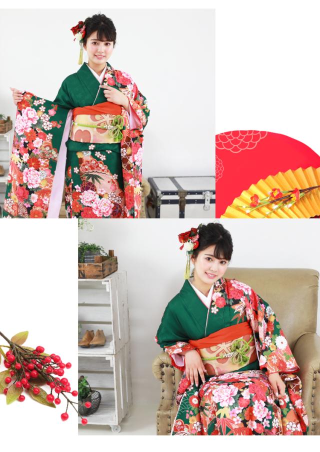 最大20日間レンタル 成人式 振袖 レンタル 20点フルセット 派手 「緑地