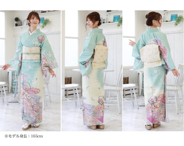 訪問着　フルセット　菊　桜　牡丹　上品で優雅　地紋　着物　L1 訪問着 レンタル 19点フルコーディネートレンタルセット「水色地に牡丹