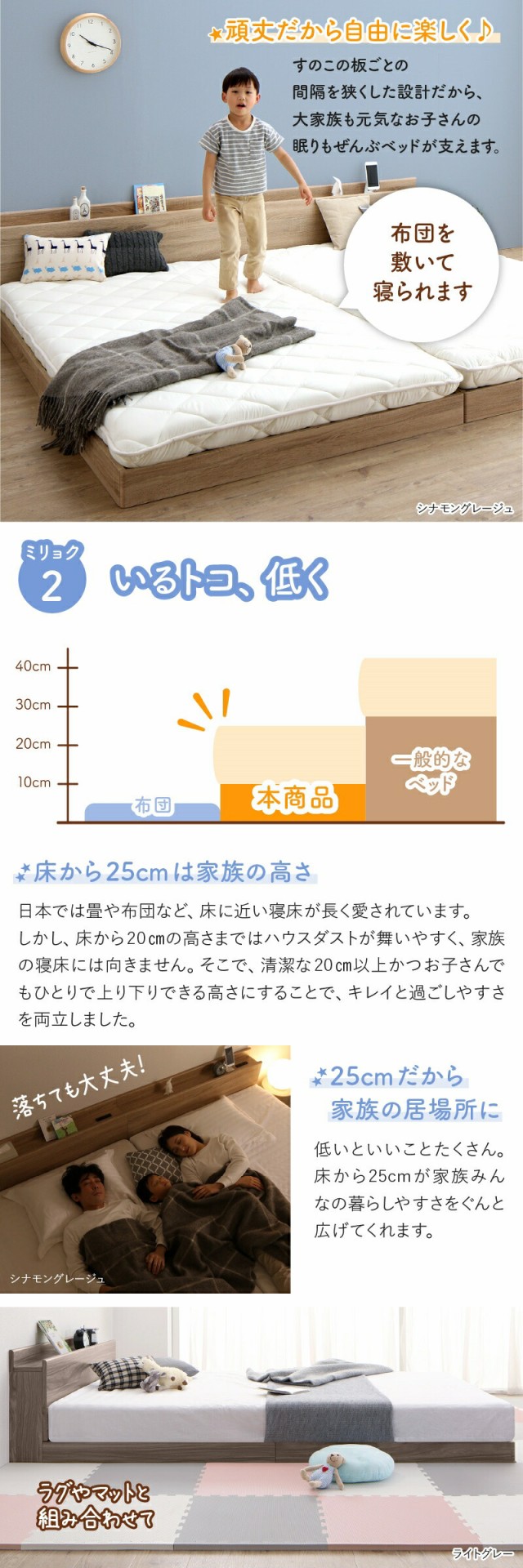 組立設置付]連結フロアファミリーベッド [トコトコ] ベッドフレーム