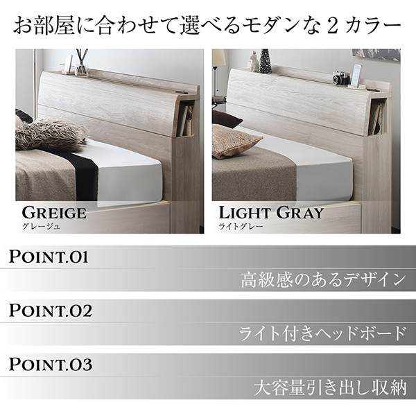 国産 棚・照明付 収納ベッド 〔Grainy〕 〔ハイグレード国産ポケットコイルマットレス付き〕 セミダブル ライトグレー 〔マット〕ホワイトの通販はau PAY マーケット - フジックス|商品ロットナン 超激得得価