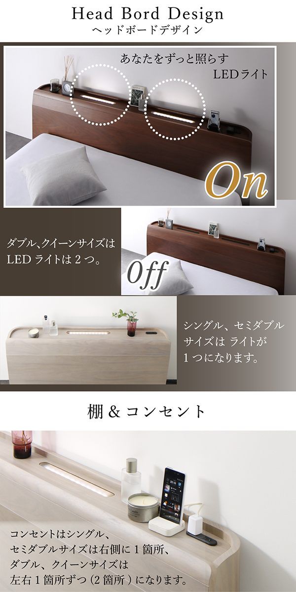 お買い得低価 棚・照明付 高級ローベッド 〔リガーロ〕〔ハイグレード国産ポケットコイルマット付〕 セミダブル ウォルナット 〔マット〕黒の通販はau PAY マーケット - フジックス|商品ロットナンバー 低価新品