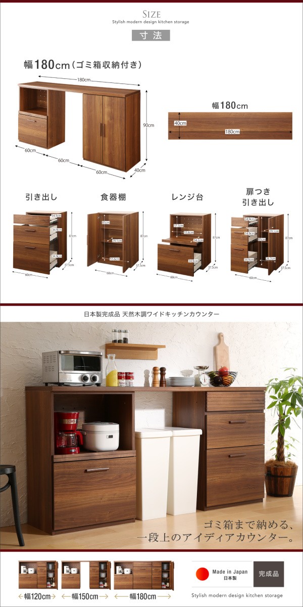 日本製即納 日本製 完成品 天然木調ワイドキッチンカウンターシリーズ 〔ウォルキット〕 引き出し+食器棚 180cm ウォルナットブラウンの通販はau PAY マーケット - フジックス|商品ロットナンバー:305563 大得価格安