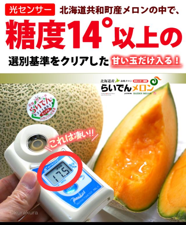 北海道らいでんメロン光センサー糖度14度以上限定販売