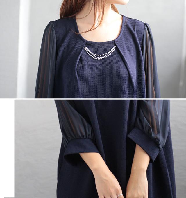 通勤ネックレスチャーム付きシフォン袖ワンピース