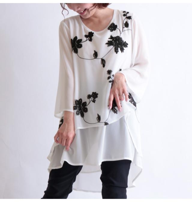 花刺繍シフォンチュニック