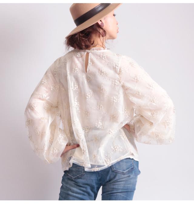 刺繍チュールボリューム袖ブラウス