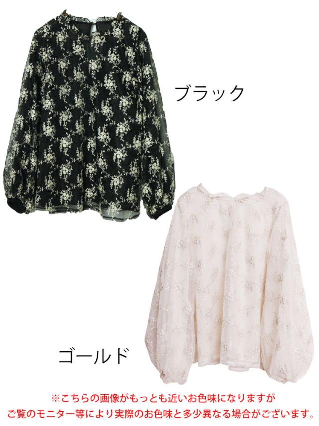 刺繍チュールボリューム袖ブラウス