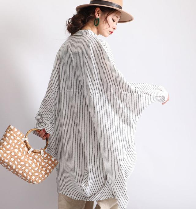 ストライプ柄ドルマンシャツチュニックワンピース