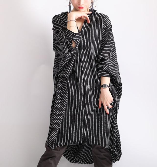 ストライプ柄ドルマンシャツチュニックワンピース