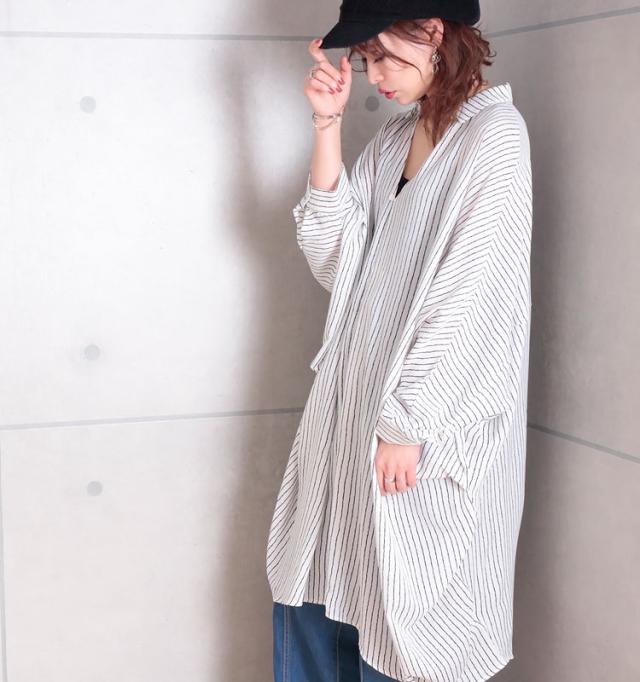 ストライプ柄ドルマンシャツチュニックワンピース