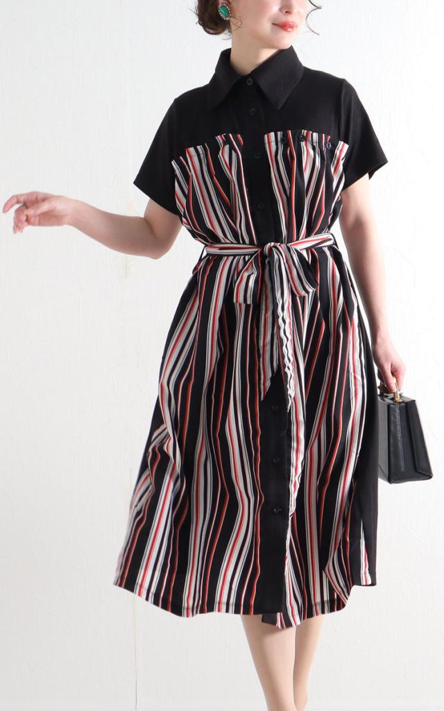 マルチストライプ柄シャツワンピース