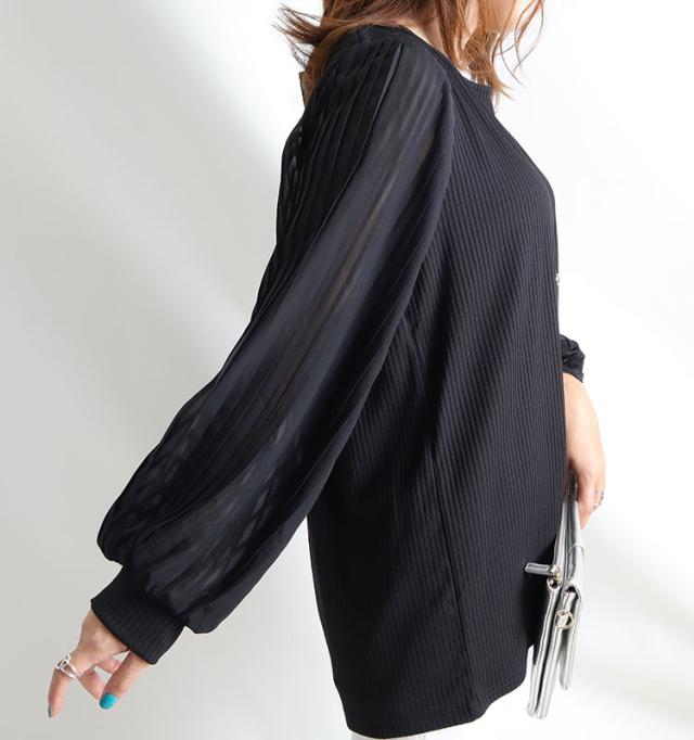 袖シフォンプリーツリブニットシャツ