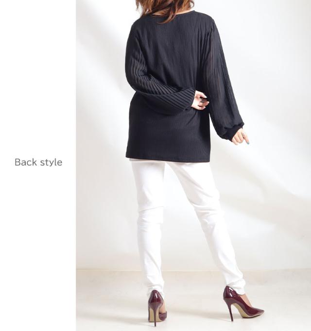 袖シフォンプリーツリブニットシャツ