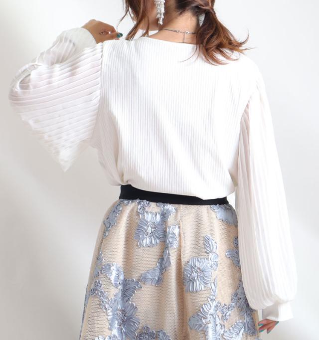 袖シフォンプリーツリブニットシャツ
