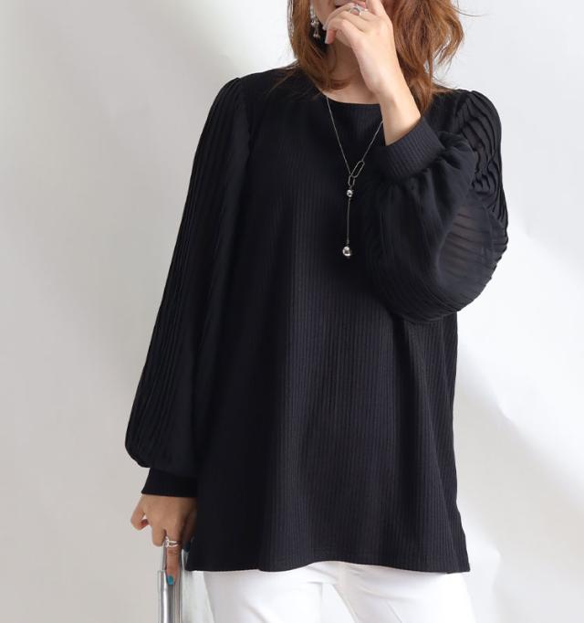 袖シフォンプリーツリブニットシャツ