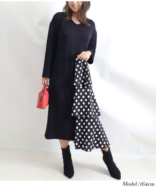 ドット柄ティアード切替えワンピース