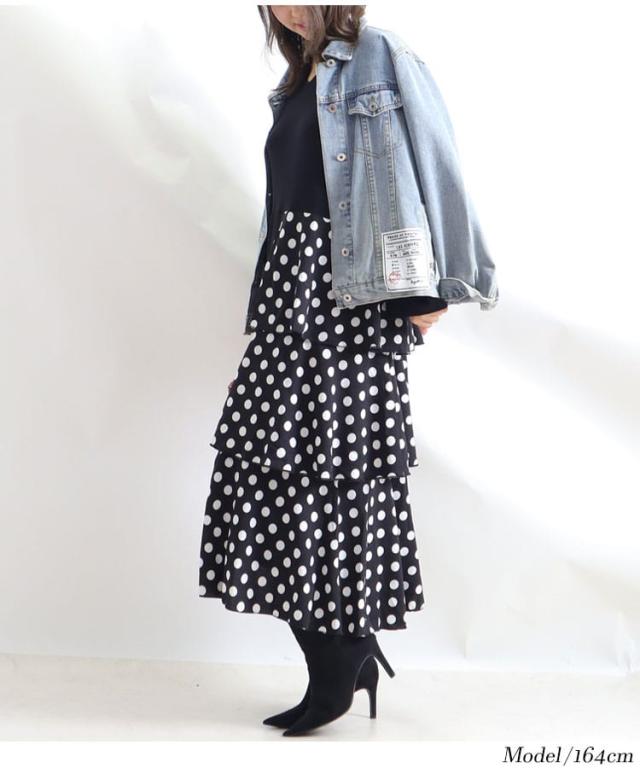 ドット柄ティアード切替えワンピース